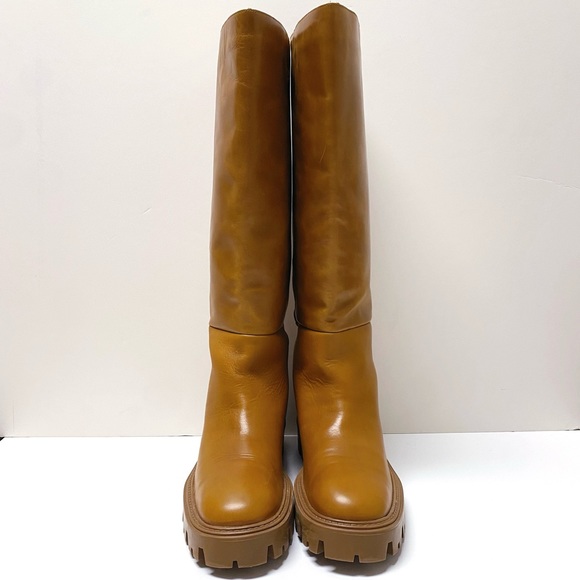 Zara Tan Cognac Brown Platform Knee High Leather Boots 41 10 11 - Picture 4 of 9